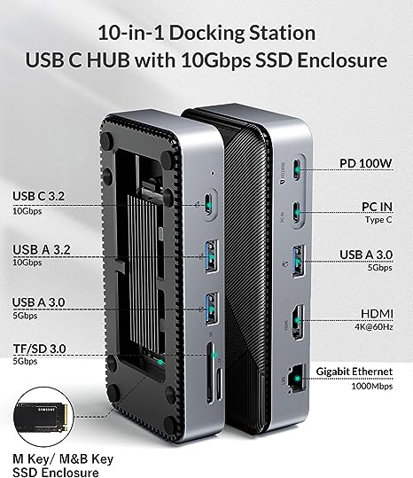 GiGimundo 10-in-1 USB C Hub with M.2 SSD Enclosure Docking Station