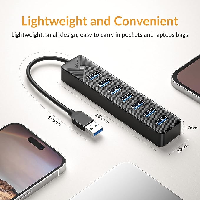 GiGimundo USB Hub, 7-Port USB 3.0 Hub 0.5ft Short Cord with Extra USB-C